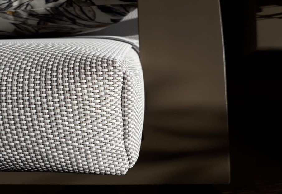 Detalle de tejido porotex para exterior en color blanco y marrón sobre parte de un muebles de aluminio de color marrón en TODOJARDIN marbella