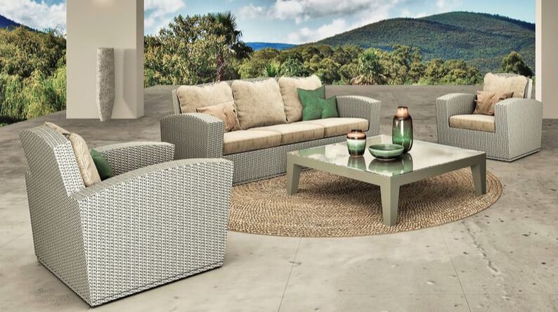 DUNE. Outdoor sofas, armchairs and dining tables, sunbeds and daybed.